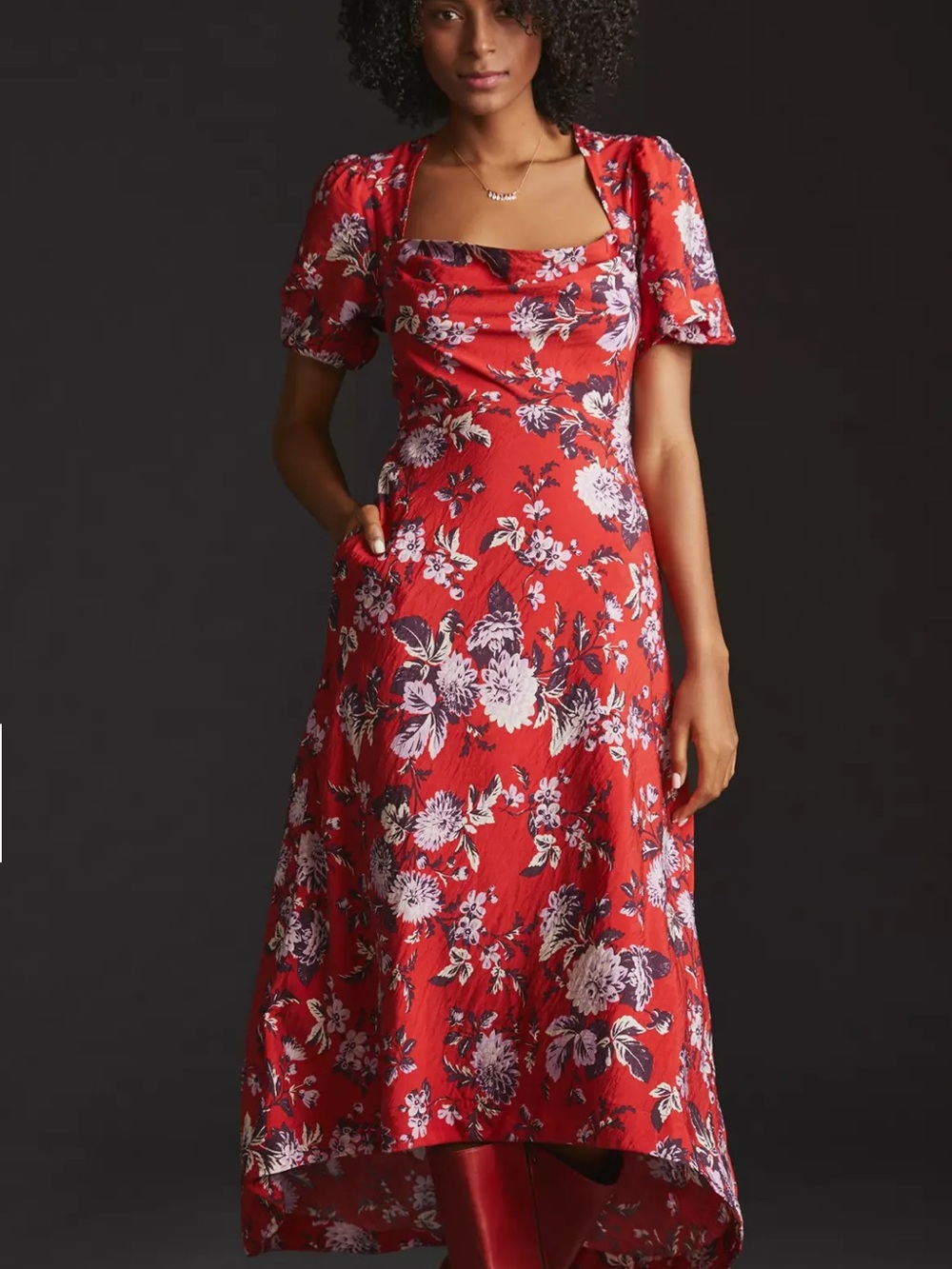 Maeve Red Floral Puff Sleeve Maxi Dress NWT Size 0